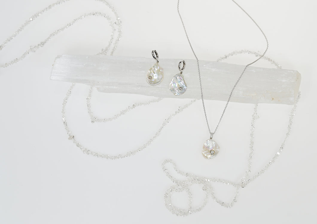 Herkimer Crystal, Keshi Pearl Necklace and Earrings