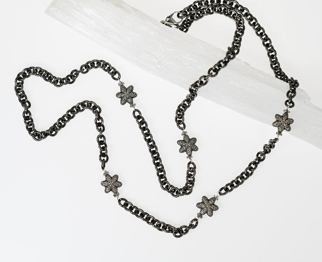 Diamond Flower /Black SS Chain necklace