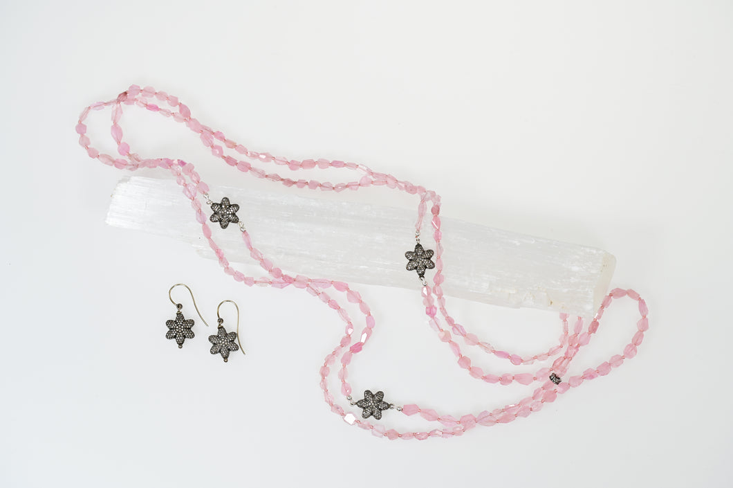 Long Pink Tourmaline Necklace/ Diamond Flowers/Diamond Flower earrings