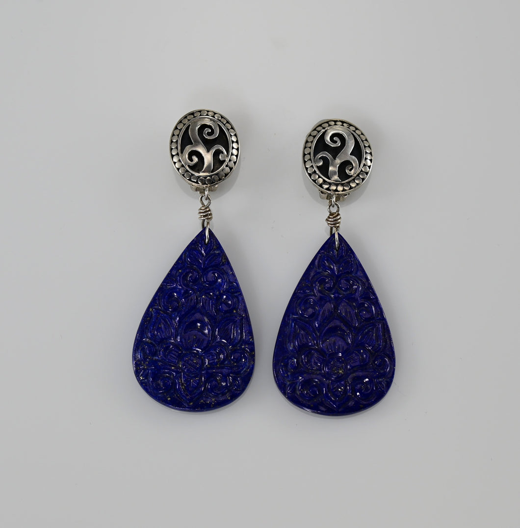 carved lapis, sterling silver clip, 2.75
