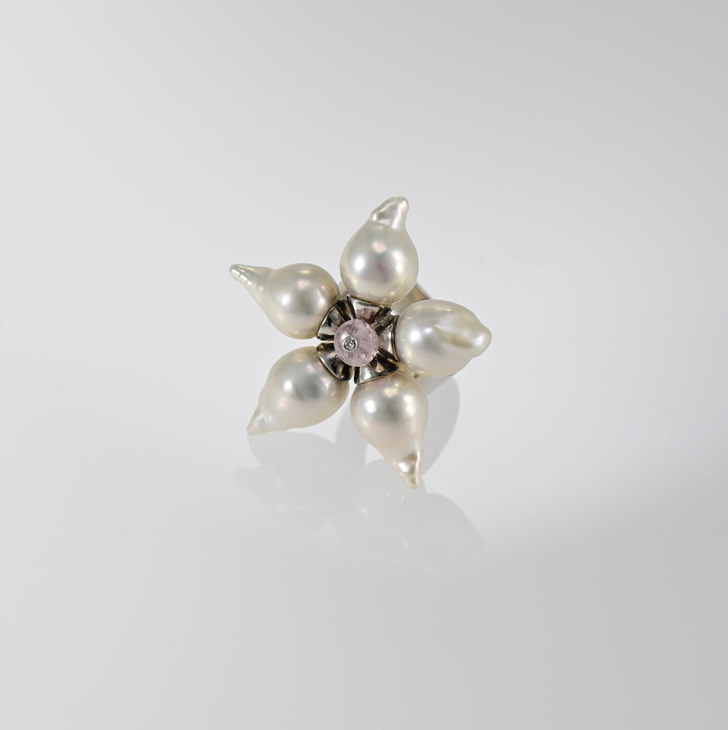 baroque pearl, morganite, diamond & sterling silver, size 6